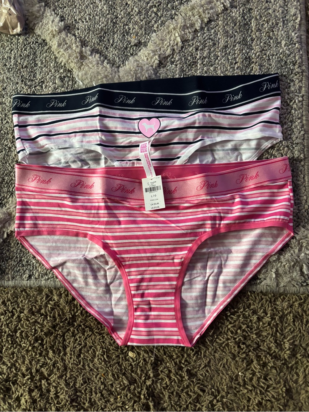 PINK Victoria's Secret Striped Hipster Panty Duo - Pink & Black Accents